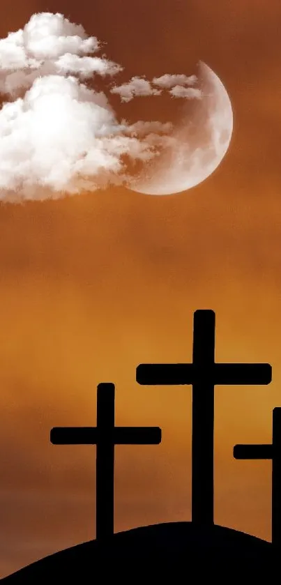 Silhouette of crosses against a golden sky with moon and cloud.