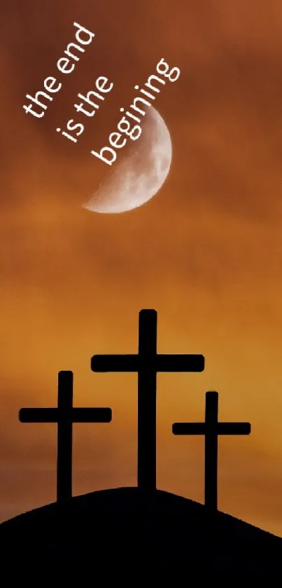 Silhouette of three crosses against an orange sky at dawn, symbolizing new beginnings.