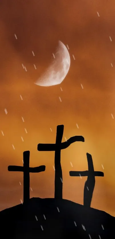 Silhouette of three crosses under an orange sunset with a crescent moon.