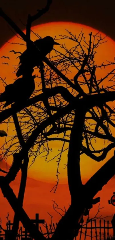 Silhouetted crows on branches with orange moon.