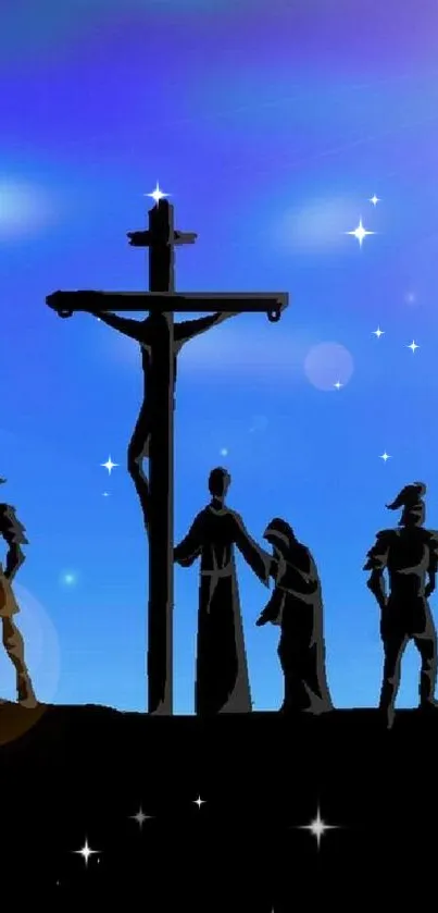 Silhouette of crucifixion scene against a vibrant blue sky with glowing light effects.