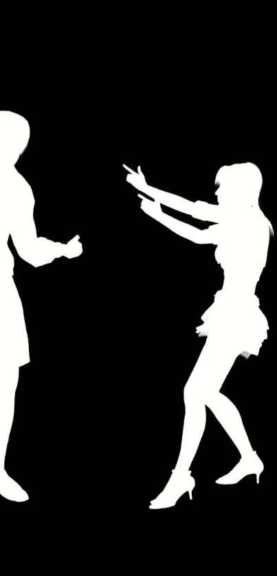 Silhouette of two dancing figures on a black background mobile wallpaper.