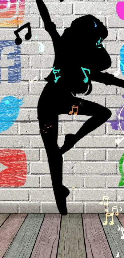 Silhouette dancer with social icons on a brick wall background.