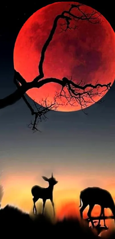 Deer silhouette under a red moon in a mystical night scene.