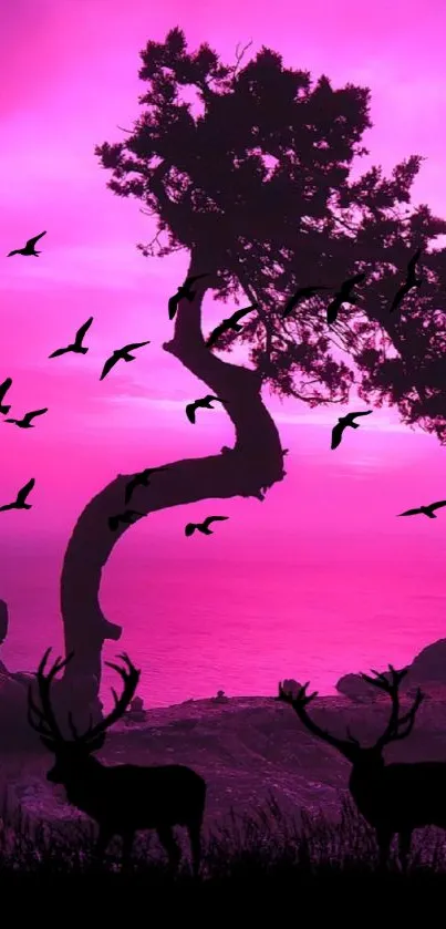 Silhouetted deer and birds at sunset with pink sky wallpaper.