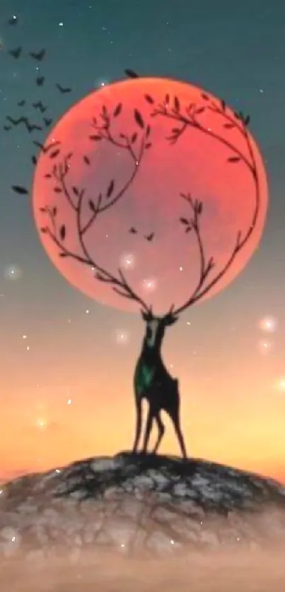 Silhouette of a deer with a red moon in an orange gradient sky.