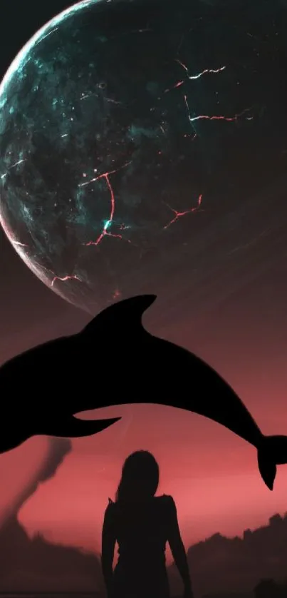 Silhouette of a dolphin against a cosmic red sky with planet.