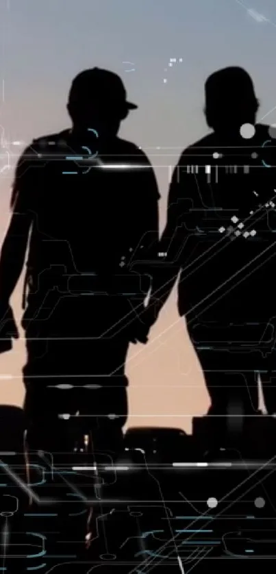 Silhouette of two figures at sunset with digital patterns.