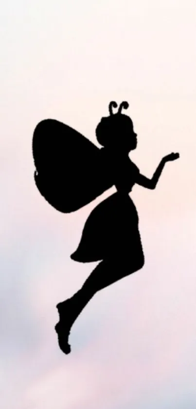 Silhouette of a fairy in front of a light pink sky on mobile wallpaper.