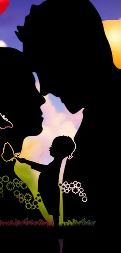 Silhouette of a family in nature, vibrant colors, mobile wallpaper.