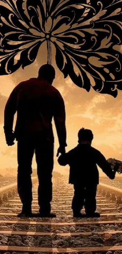 Silhouette of parent and child walking on tracks with sunset and artwork.