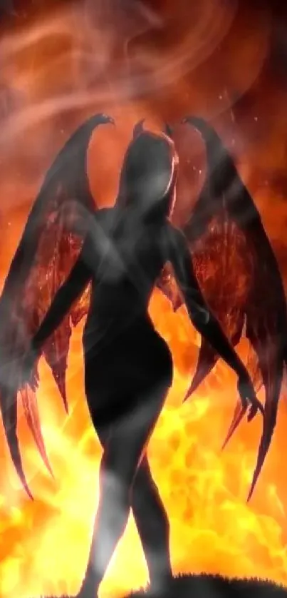 Silhouette with fiery wings against a bright flame background.