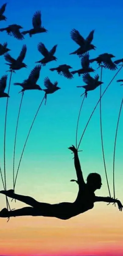 Silhouette flying with birds in vibrant sky.