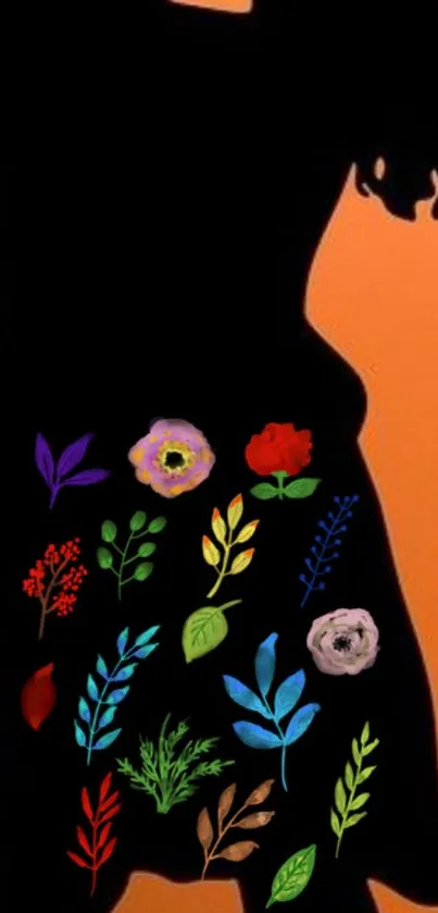 Silhouette with vibrant floral design on orange background.