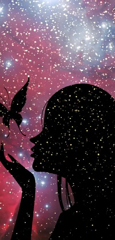 Silhouette with butterfly in galaxy background.