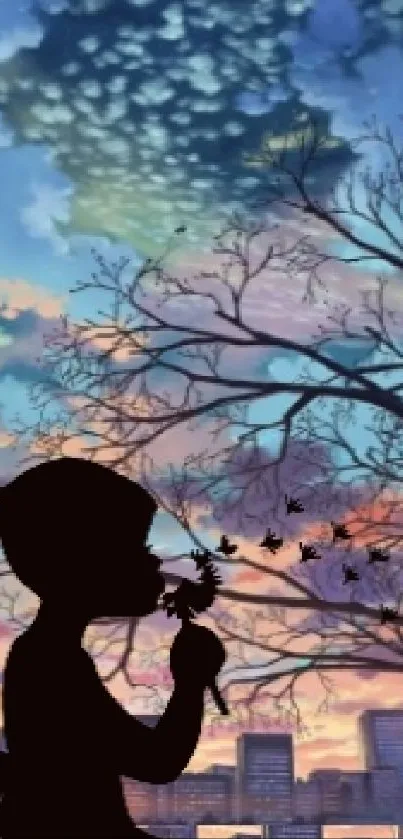 Silhouette of a girl with cityscape and twilight sky.