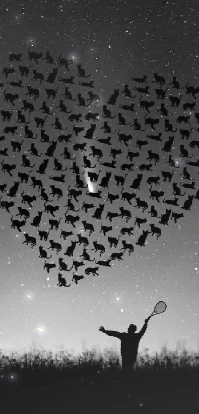 Silhouette of a heart made of birds in the night sky with a person holding a racket.