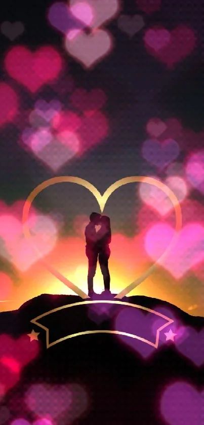 Silhouette of couple at sunset with heart design.