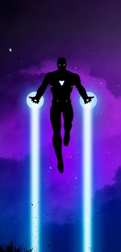 Silhouette hero with purple sky background.