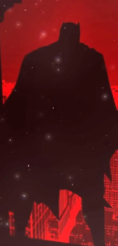 Silhouette of a hero on a red cityscape background.