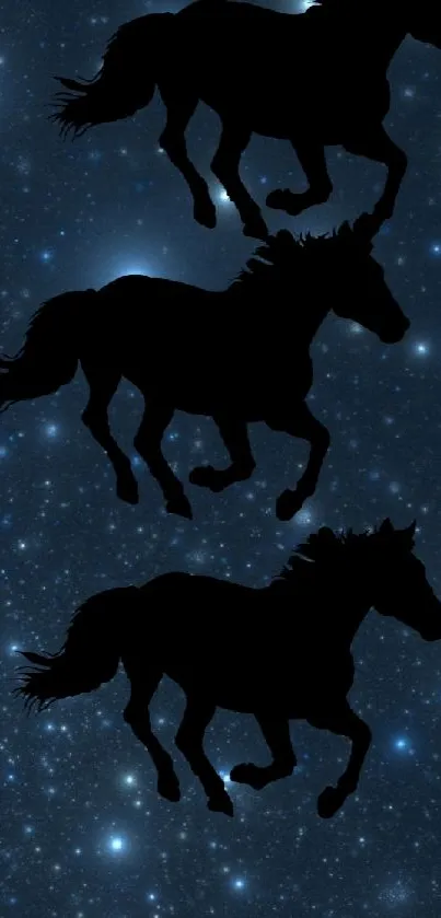 Silhouette horses running against a starry night sky wallpaper.