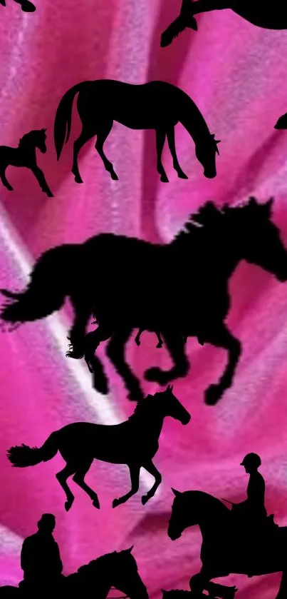 Black horse silhouettes on a vibrant pink background.