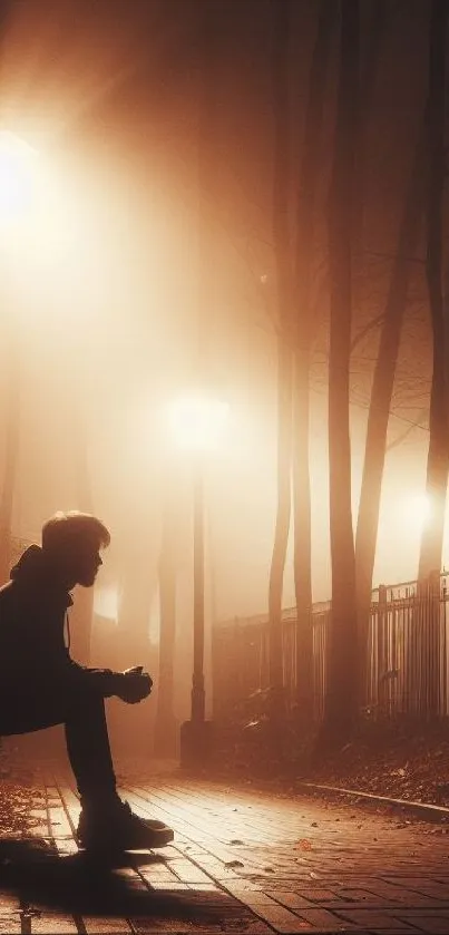 Silhouette on park bench in foggy evening light with street lamps.