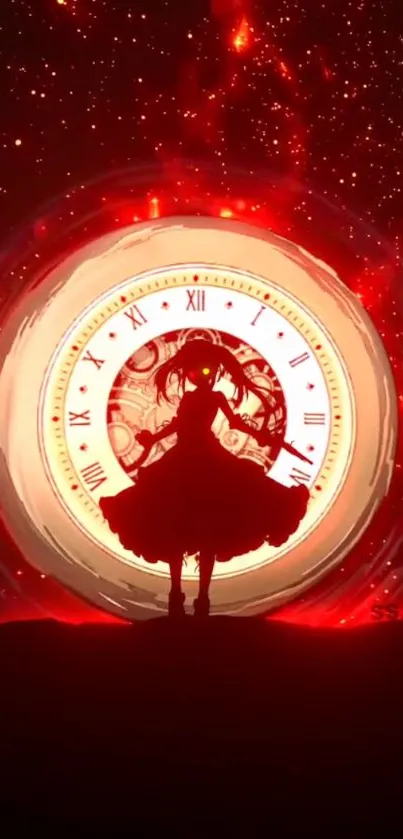 Anime silhouette in front of fiery red clock background.