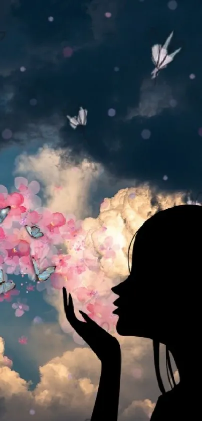 Silhouette and floral elements in dramatic clouds wallpaper.