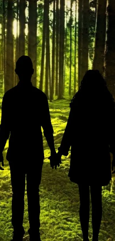 Silhouette couple in a sunlit green forest scene.