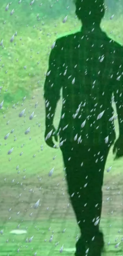 Silhouette walking in the rain with green background.