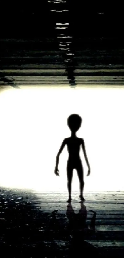 Silhouette of an alien-like figure in a dark tunnel with intense backlighting.