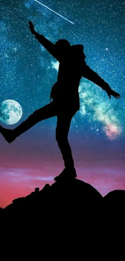 Silhouette of a person against a starry night sky with galaxies and a full moon.