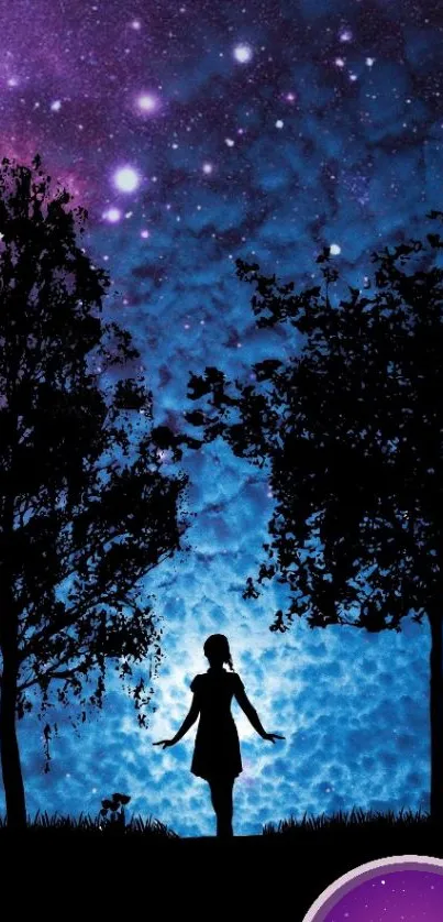 Silhouette and trees under starry night sky with purple and blue hues.