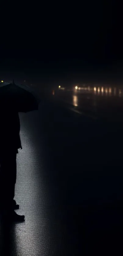 Silhouette holding an umbrella under dark, rainy night with street reflections.