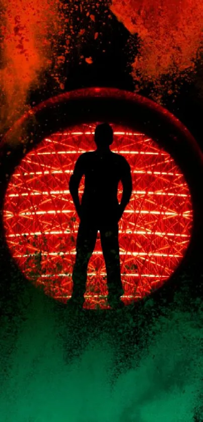 Silhouette against a red circle with vibrant colors.