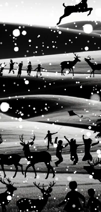 Black and white silhouette landscape with deer and children in a serene setting.