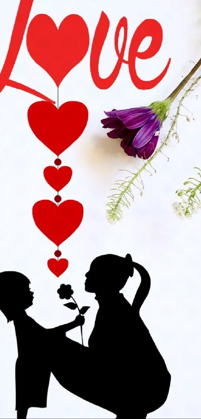 Silhouette of children with hearts and purple flower.