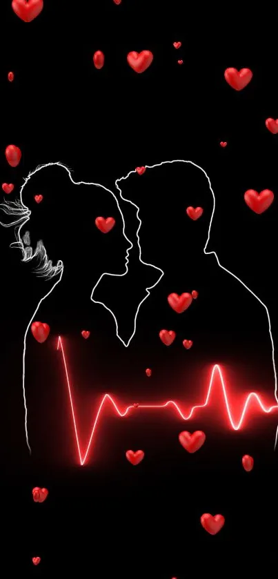 Romantic silhouette with heartbeat and red hearts mobile wallpaper.