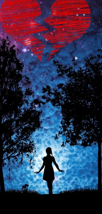 Silhouette of person with red heart and starry sky.