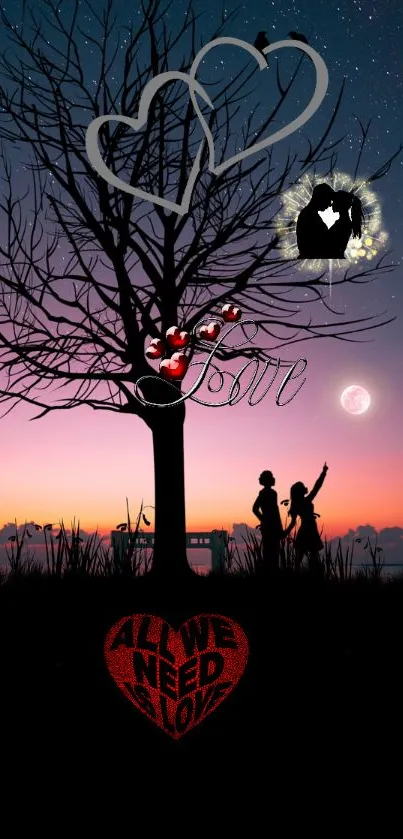 Silhouette of couple under starry sky with love-themed decorations.