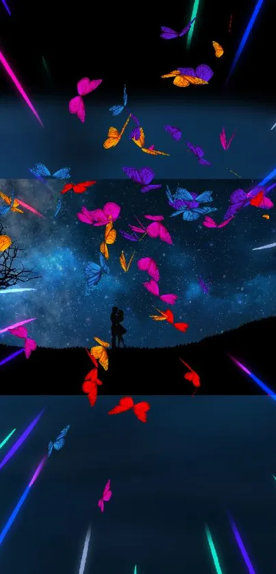 Romantic silhouette under night sky with vibrant butterflies, perfect for mobile wallpaper.