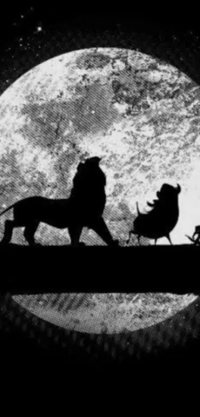 Silhouette of animals walking against a full moon backdrop in a fantasy scene.