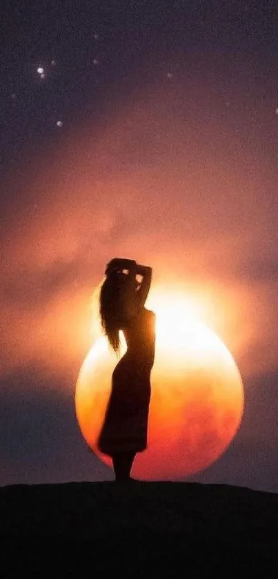 Silhouette of a person against a glowing orange moon in a night desert scene.