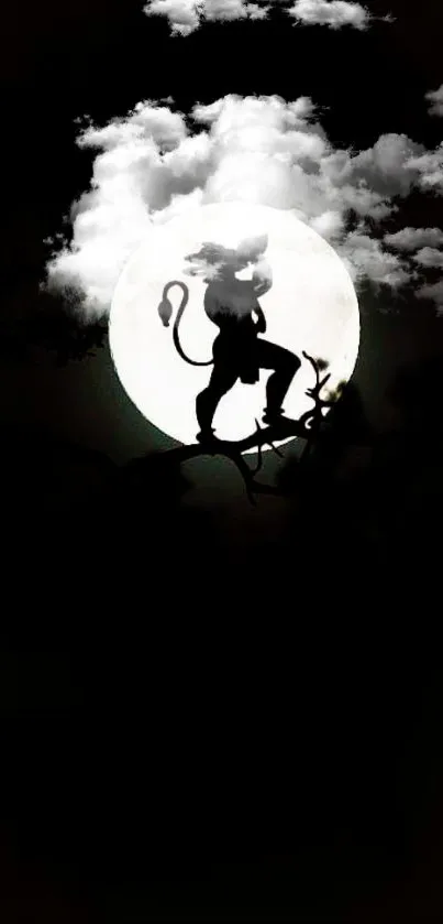 Silhouette of a figure on a branch with lunar backdrop and clouds.