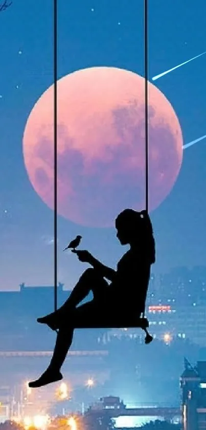 Silhouette on swing with full moon backdrop, urban night scene.