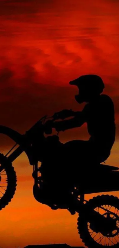 Motocross rider silhouetted against a vibrant sunset, creating a dynamic mobile wallpaper.