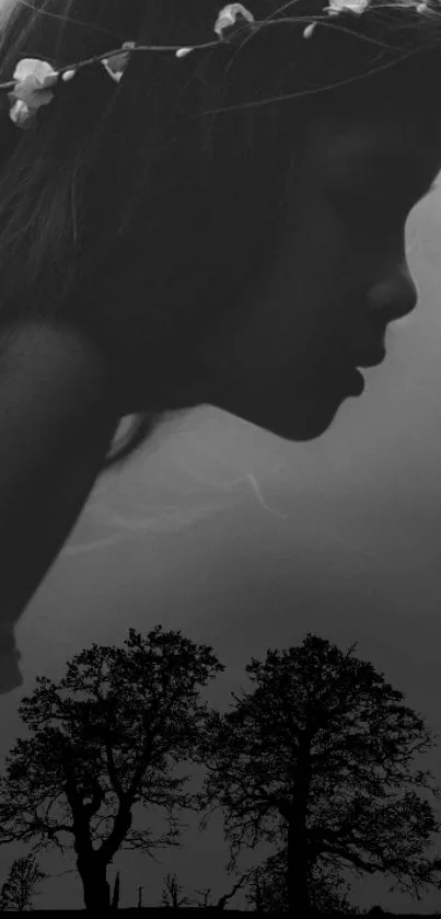 Silhouette of girl with flowers in hair against a gray dramatic sky.