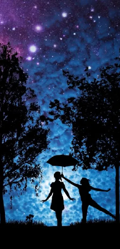 Silhouette of people under a starry sky with trees and umbrella.