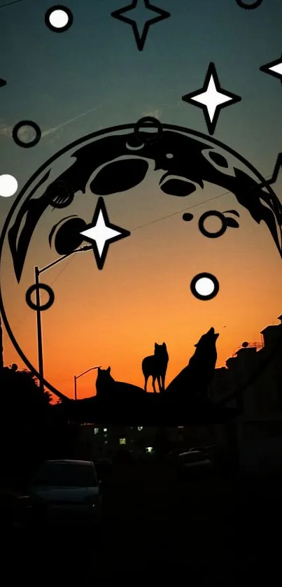 Mobile wallpaper of howling wolves silhouetted against a sunset sky with stars.